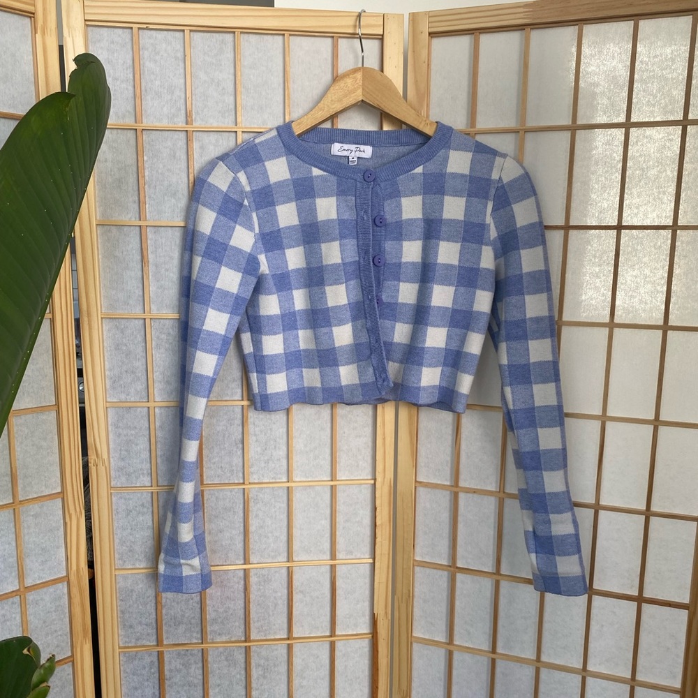 Emory Park Blue & White Checkered Button Up Sweater • size medium